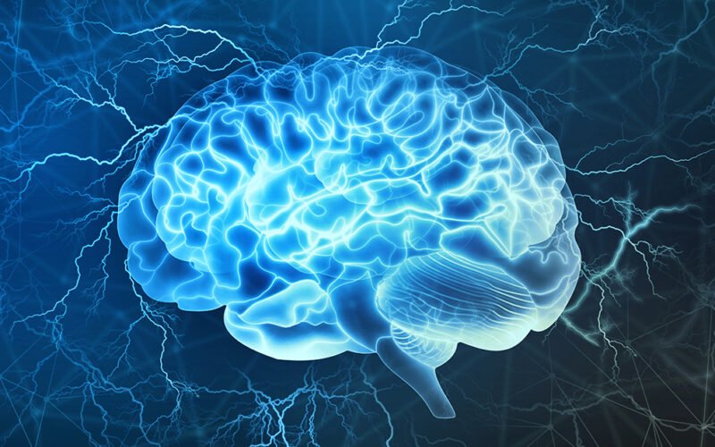 Human brain digital illustration. Electrical activity, flashes and lightning on a blue background.